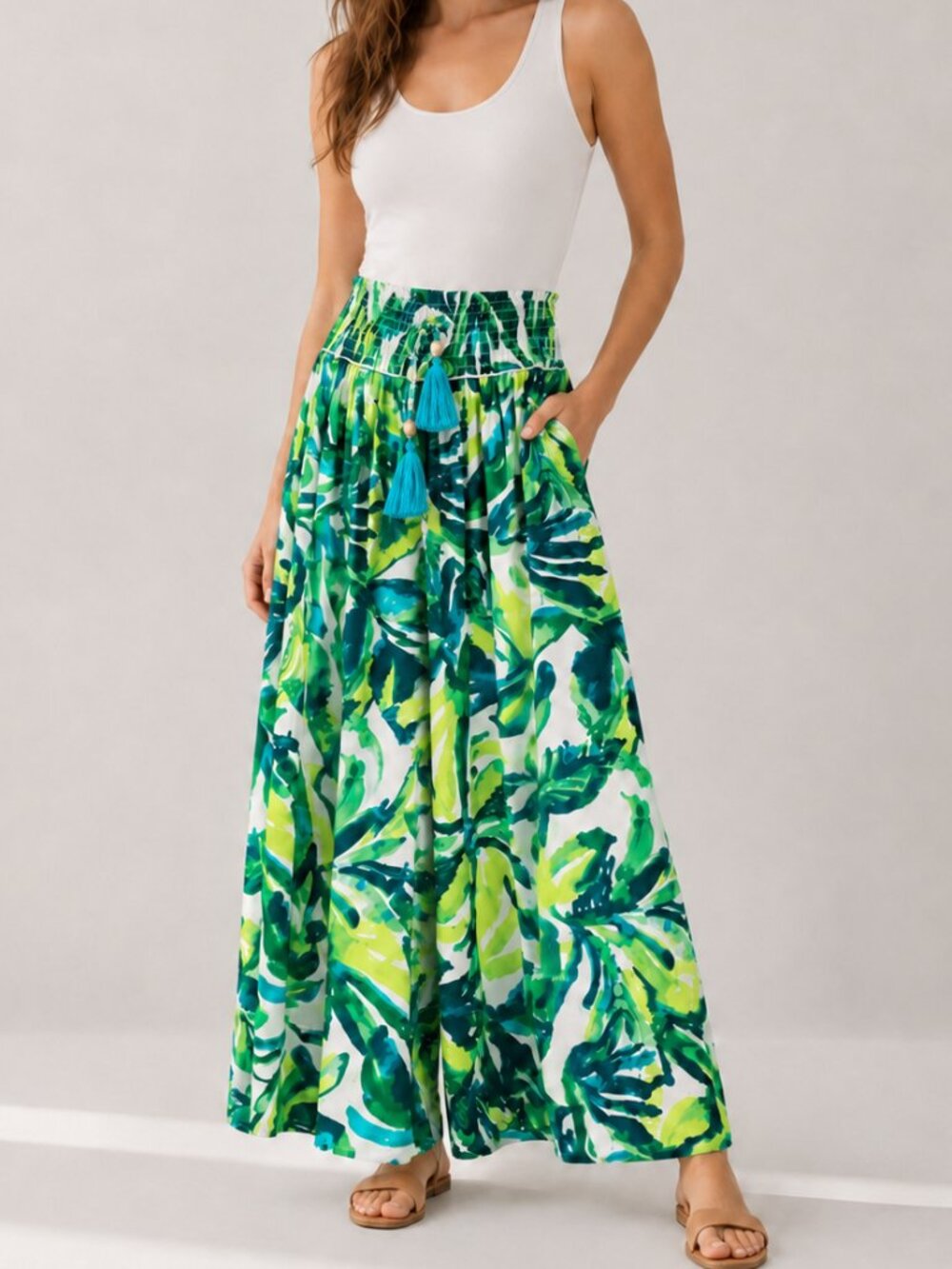 True Destinations NEW Green Tropical Floral Wide Leg Palazzo Pants SZ Medium